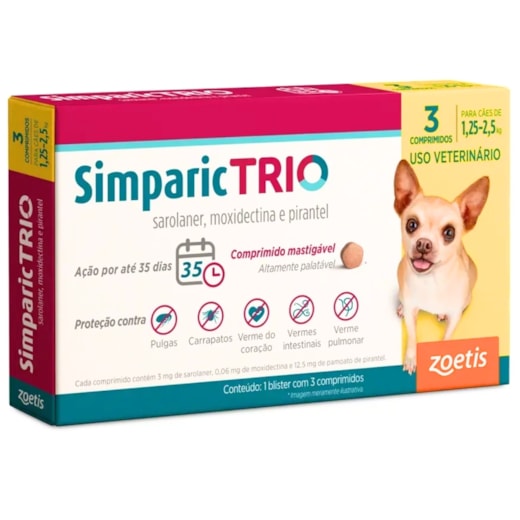 Antipulgas Simparic Trio 03mg Caixa com 3 Comprimidos 1,25 à 2,5kg