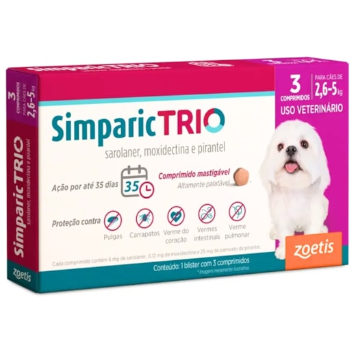 Antipulgas Simparic Trio 06mg 2,6 à 5kg Caixa com 3 Comprimidos