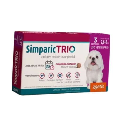 Antipulgas Simparic Trio 06mg 2,6 à 5kg Caixa com 3 Comprimidos