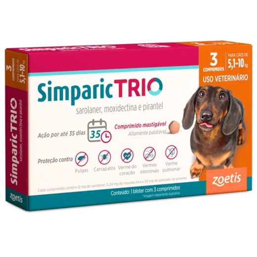 Antipulgas Simparic Trio 12mg 5,1 à 10kg Caixa com 3 Comprimidos