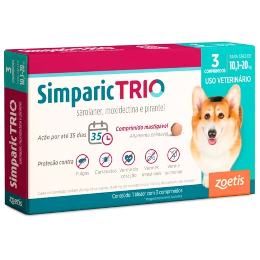 Antipulgas Simparic Trio 24mg 10,1 à 20kg Caixa com 3 Comprimidos