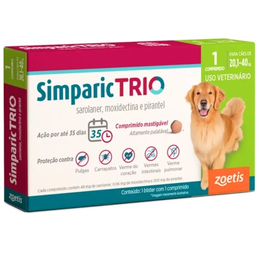 Antipulgas Simparic Trio 48mg 20,1 à 40kg Caixa com 1 Comprimido