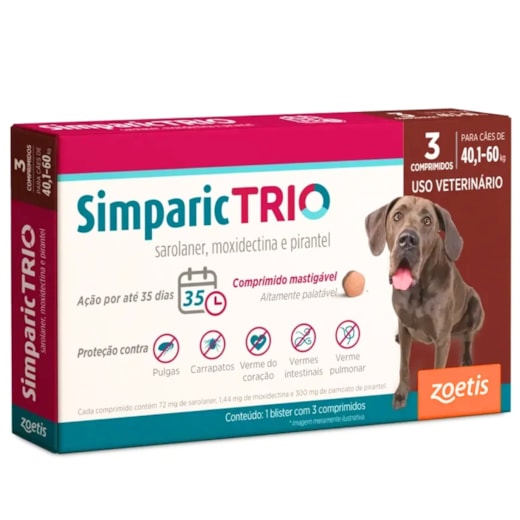 Antipulgas Simparic Trio 72mg 40,1 à 60kg Caixa com 3 Comprimidos