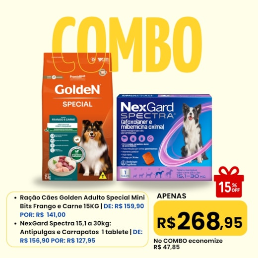 Combo - Ração Cães Golden Adulto Special Mini Bits 15kg + Antipulgas NexGard Spectra 15,1 á 30kg