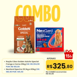 Combo - Ração Cães Golden Frango e Carne Special 20kg + Antipulgas NexGard Spectra 30,1 á 60kg