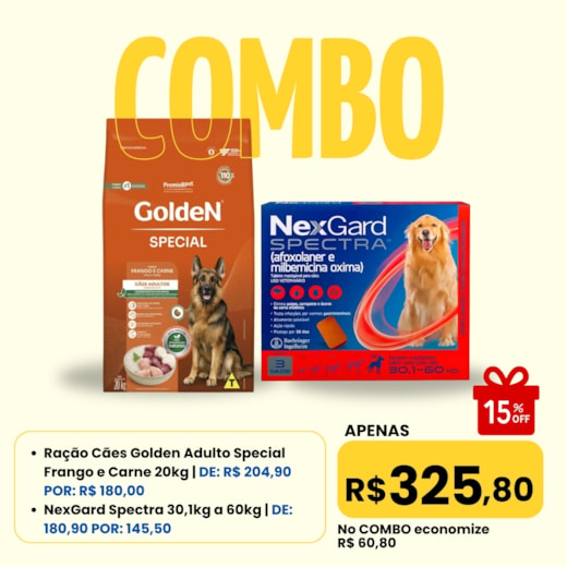 Combo - Ração Cães Golden Frango e Carne Special 20kg + Antipulgas NexGard Spectra 30,1 á 60kg