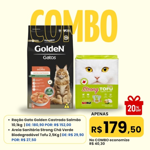 Combo - Ração Gato Golden Salmão Castrado 10,1kg + Areia Sanitária Strong Green Tofu 2,5kg