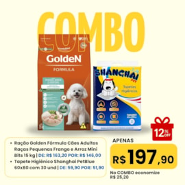 Combo - Ração Golden Adulto Frango e Arroz mini Bits Pague 15kg + Tapete Higiênico Shanghai Blue