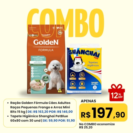 Combo - Ração Golden Adulto Frango e Arroz mini Bits Pague 15kg + Tapete Higiênico Shanghai Blue