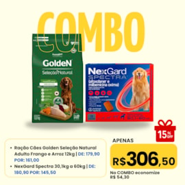 Combo - Ração Golden Seleção Natural 12kg Frango e Arroz + Antipulgas NexGard Spectra 30,1 á 60kg