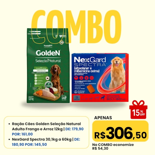 Combo - Ração Golden Seleção Natural 12kg Frango e Arroz + Antipulgas NexGard Spectra 30,1 á 60kg