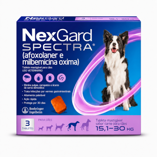 NexGard Spectra 15,1 a 30kg: Antipulgas, Carrapatos e Vermífugo 3 tabletes
