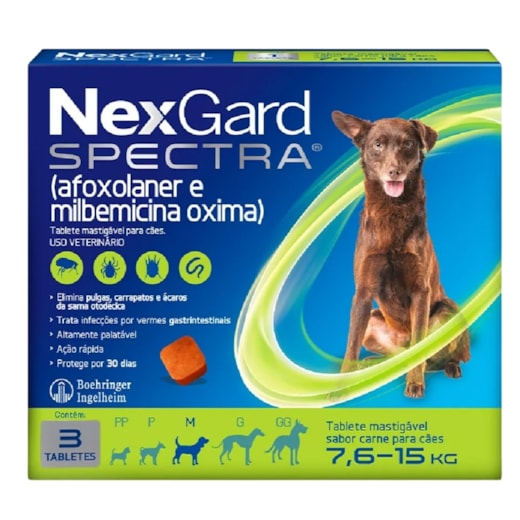 NexGard Spectra 7,6kg a 15kg: Antipulgas, Carrapatos e Vermífugo 3 tabletes