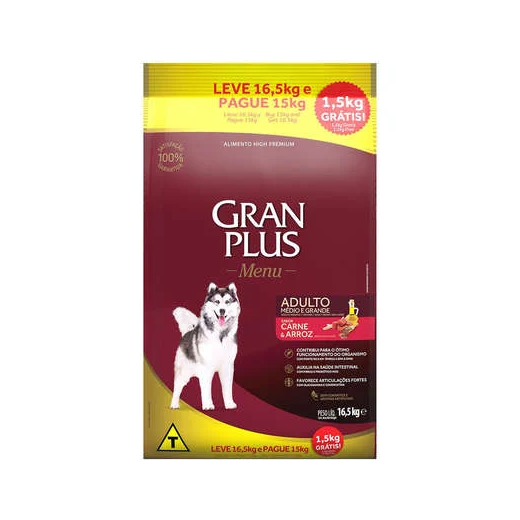 Ração Cães Gran Plus Adulto Médio e Grande 16,5kg Carne e Arroz