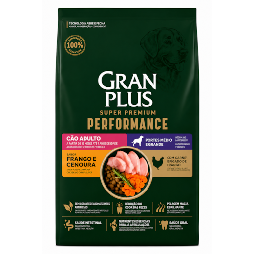 Ração Cães GranPlus Adulto Performance Médio e Grande Frango e Cenoura 15kg