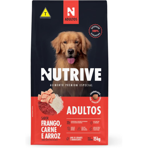 Ração Cães Nutrive adulto 15kg Frango, Carne e Arroz