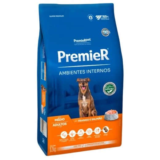 Ração Cães Premier Ambiente Interno Adulto Raças Médias 12kg Frango e Salmão