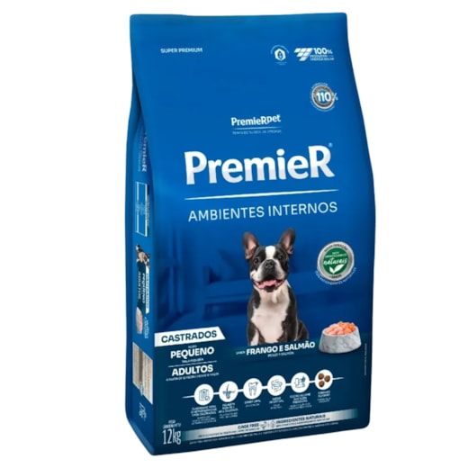 Ração Cães Premier Ambientes Interno Adulto Castrado 12kg Frango e Salmão