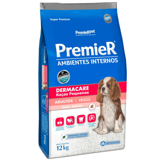 Ração Cães Premier Ambientes Internos Adulto Dermacare 12Kg Raça Pequena Salmão