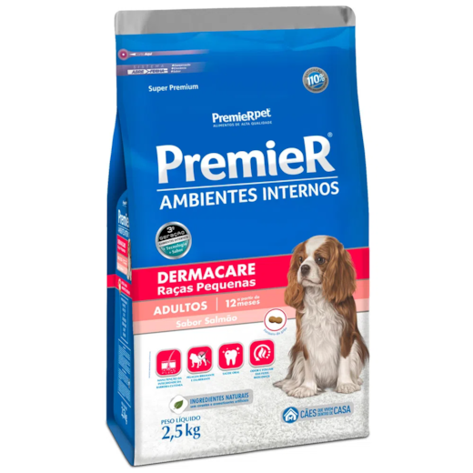 Ração Cães Premier Ambientes Internos Adulto Dermacare 2,5Kg Raça Pequena Salmão
