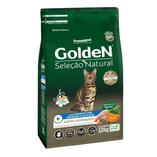 Ração Gato Golden Seleção Natural Adulto Castrado Abobora 03Kg