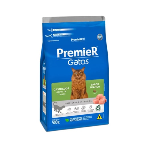 Ração Gato Premier Ambientes Internos 500gr Castrado 12 Anos Frango