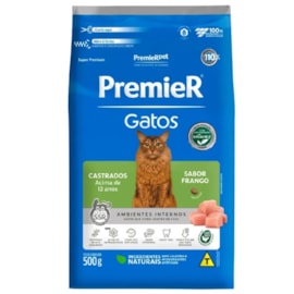 Ração Gato Premier Ambientes Internos 500gr Castrado 12 Anos Frango