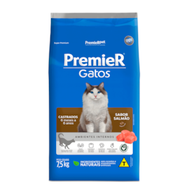 Ração Gato Premier Castrado Ambiente Interno 06 meses à 6 anos Salmão 7,5kg