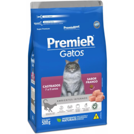 Ração Gato Premier Castrado Ambiente Interno 7 à 11 anos Frango 500gr