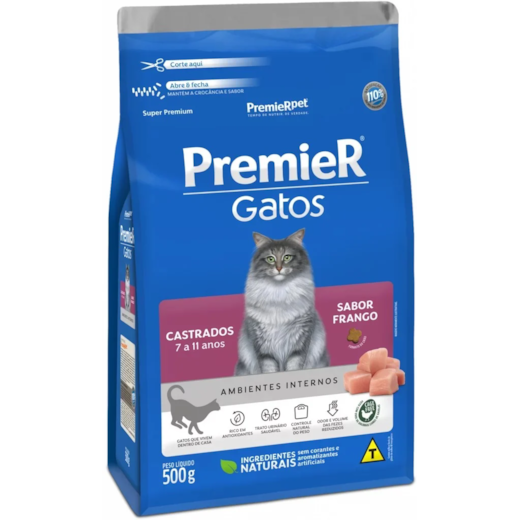 Ração Gato Premier Castrado Ambiente Interno 7 à 11 anos Frango 500gr