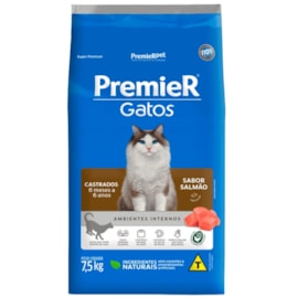 Ração Gato Premier Castrado Ambientes Internos 06 meses à 6 anos Salmão 7,5kg