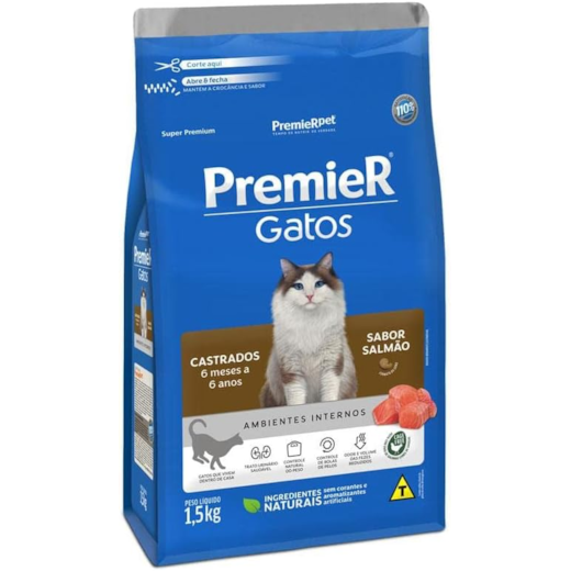 Ração Gato Premier Castrado Ambientes Internos 6 meses à 6 anos Salmão 1,5kg