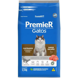Ração Gato Premier Castrado Ambientes Internos 6 meses à 6 anos Salmão 1,5kg