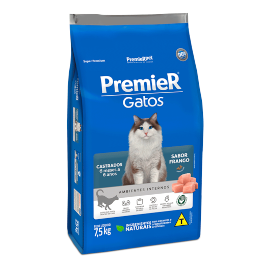 Ração Gato Premier Castrado Ambientes Internos 6 meses à 6 anos Salmão 7,5kg