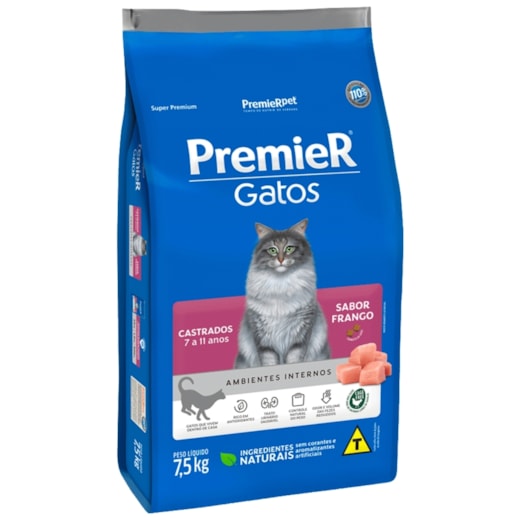 Ração Gato Premier Castrado Ambientes Internos 7 à 11 anos 7,5kg Frango