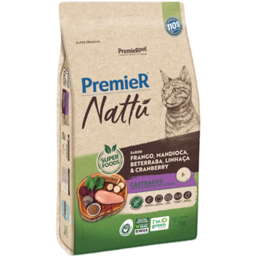 Ração Gato Premier Nattu Castrado Mandioca 7,5kg