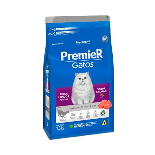 Ração Gato Premier Pelo Longo Adulto Ambientes Internos Salmão 1,5kg