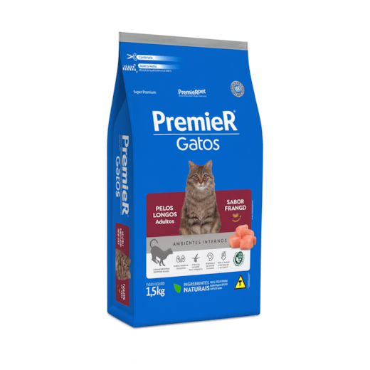 Ração Gato Premier Pelo Longo Ambiente Interno Adulto Frango 1,5kg