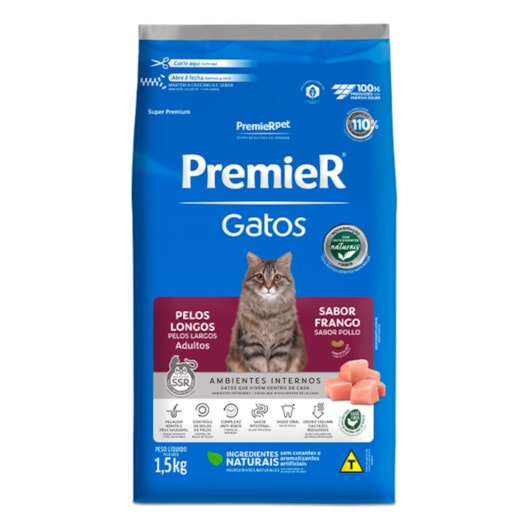 Ração Gato PremieR Pelo Longo Ambiente Interno Adulto Frango 1,5kg