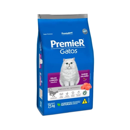 Ração Gato Premier Pelo Longo Ambiente Interno Adulto Salmão 7,5Kg