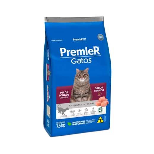 Ração Gato Premier Pelo Longo Ambientes Internos Adulto Frango 7,5kg
