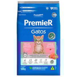 Ração Gato Premier Pelo Longo Ambientes Internos Filhotes Salmão 500gr
