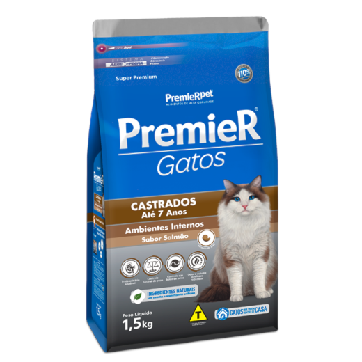 Ração Para Gato Premier Castrado 500Gr Ambiente Interno 7 Anos Salmão