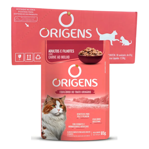 Sachê Gato Origens Adulto e Filhote Carne - Caixa com 18 unidades