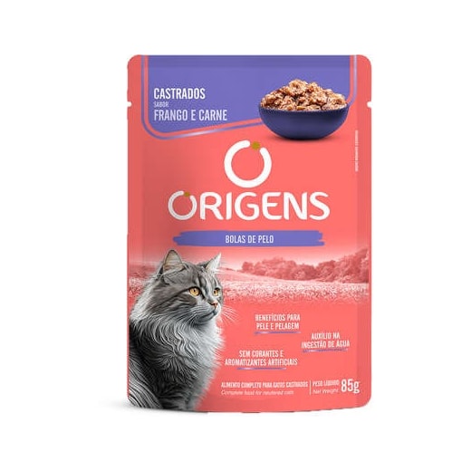 Sachê Gato Origens Castrado Frango e Carne  - Caixa com 18 unidades