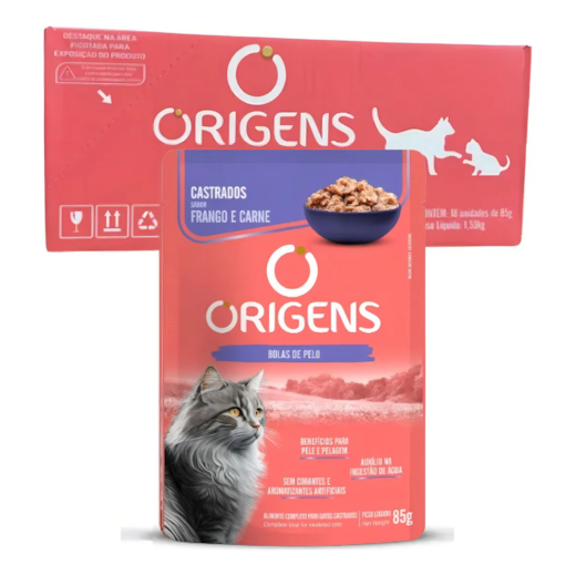 Sachê Gato Origens Castrado Frango e Carne  - Caixa com 18 unidades